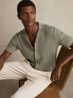 NEW Reiss Royce Pointelle Short-Sleeve Knit Polo in Sage Green